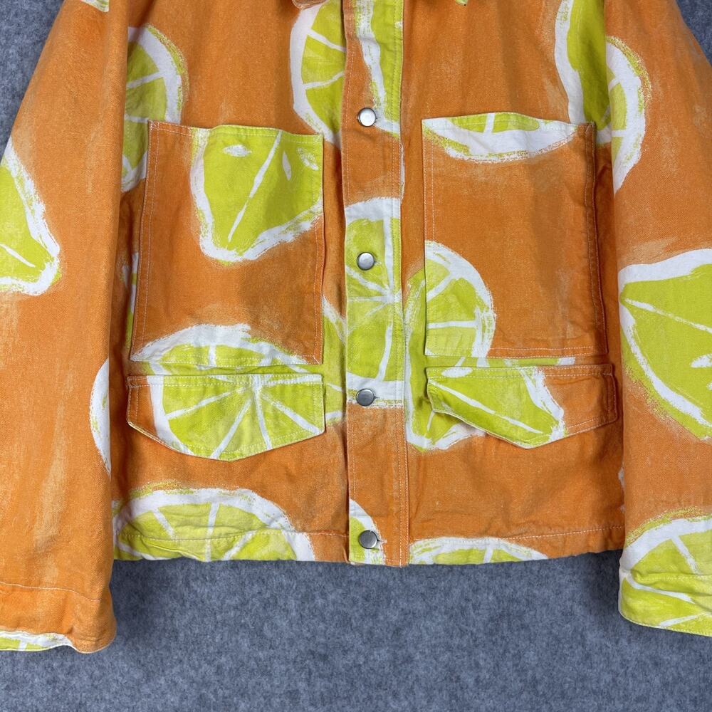 Zara Denim Jacket Mens Large Orange Lemon Print Vibrant Festival Grunge Artsy - Picture 3 of 14